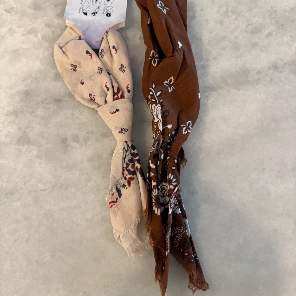 2pack Floral Patterned Scarf Set - Cream and Brown